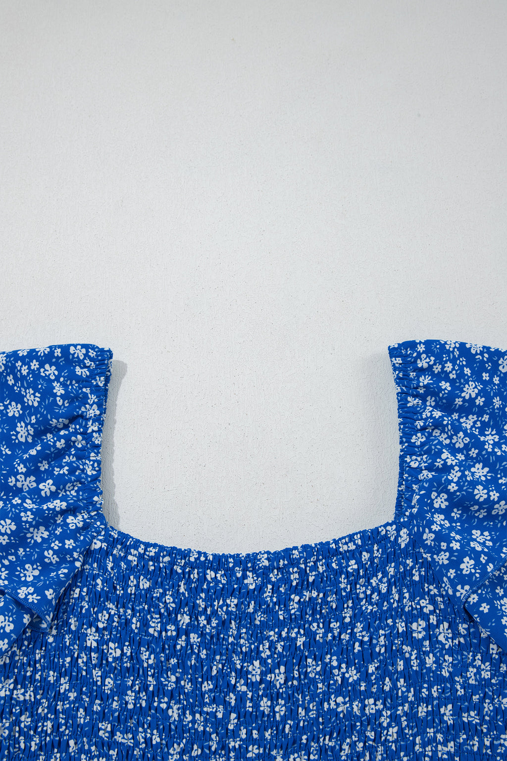 Blue Ditsy Floral Print Smocked Square Neck Ruffle Short Sleeve Dress