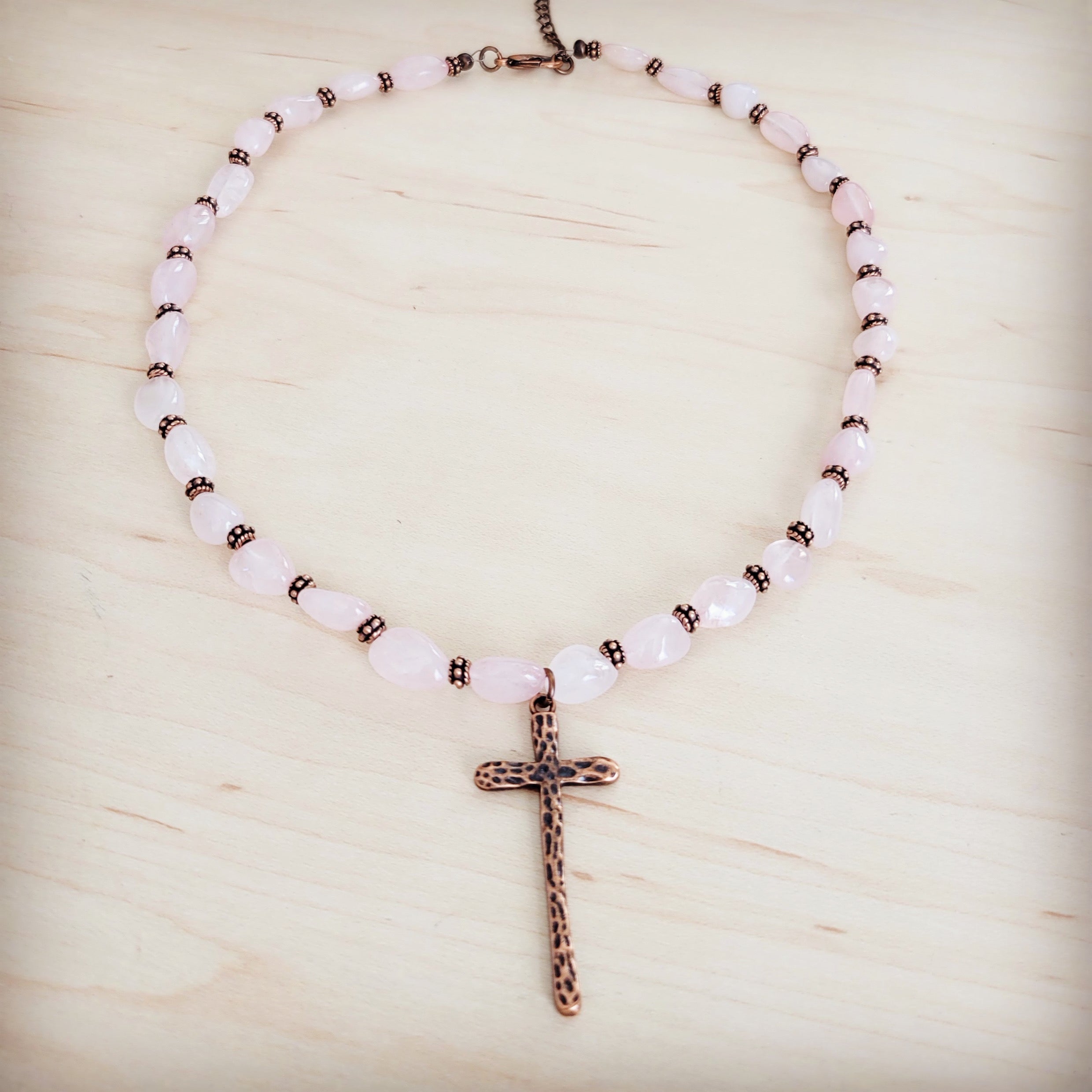 **Rose Quartz Collar Necklace w/ Copper Cross Pendant 263i