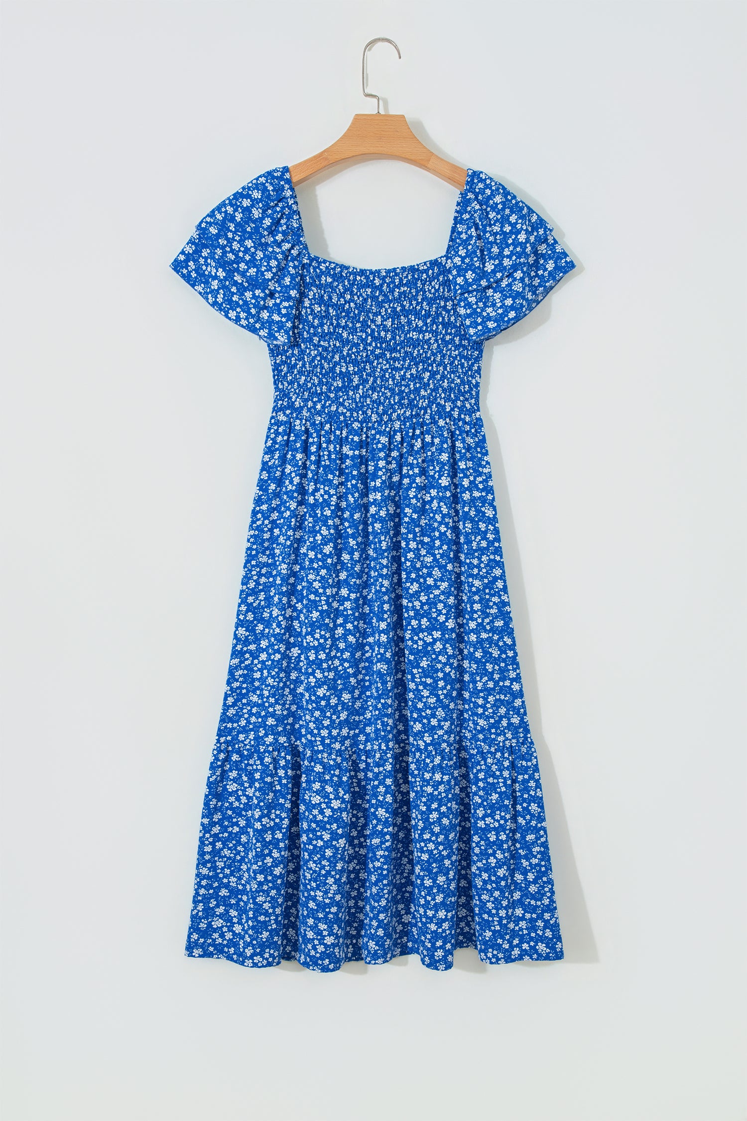 Blue Ditsy Floral Print Smocked Square Neck Ruffle Short Sleeve Dress