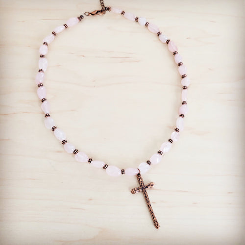**Rose Quartz Collar Necklace w/ Copper Cross Pendant 263i