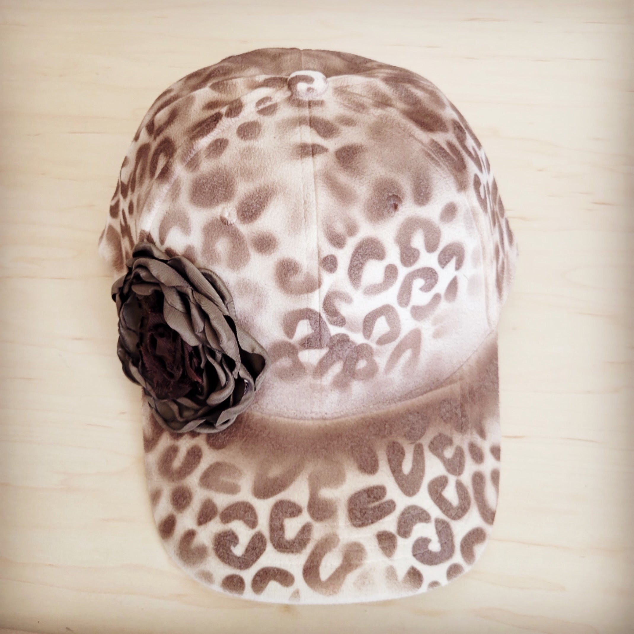 Hand-Painted Leopard Suede Baseball Cap Ivory w/ Flowers 986v