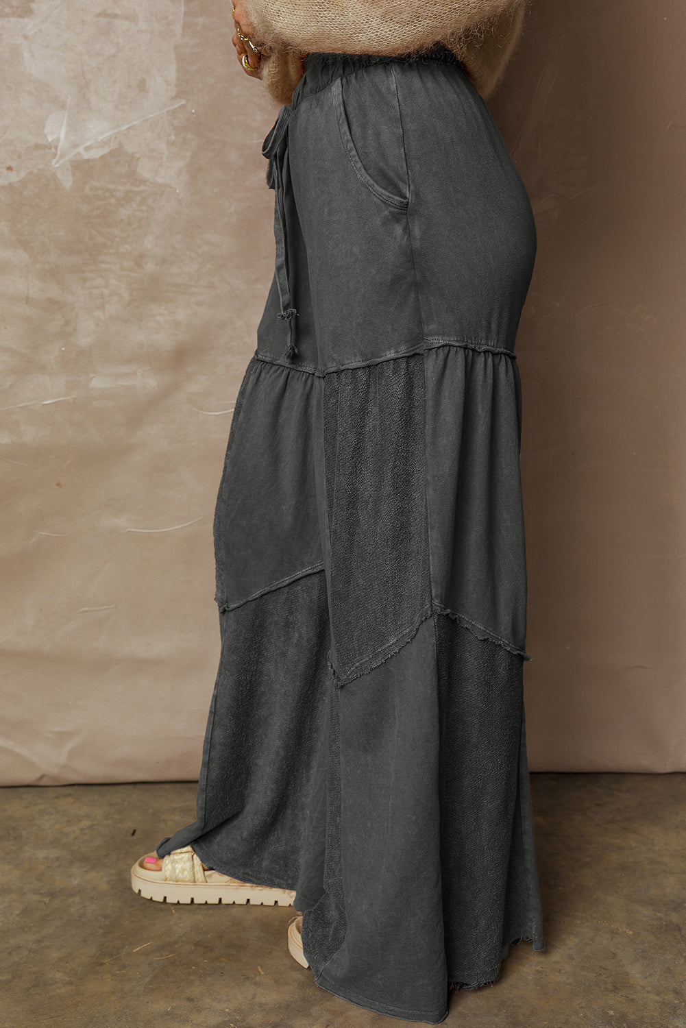 Vineyard Green Mineral Wash Tiered Wide Leg Patchwork Drawstring Pants