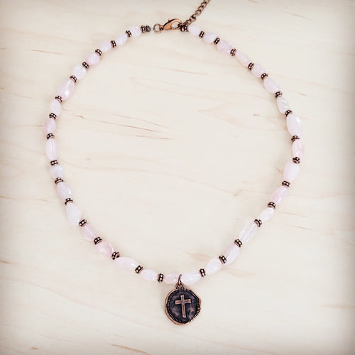 **Rose Quartz Collar Necklace w/ Copper Cross Round Charm 263j