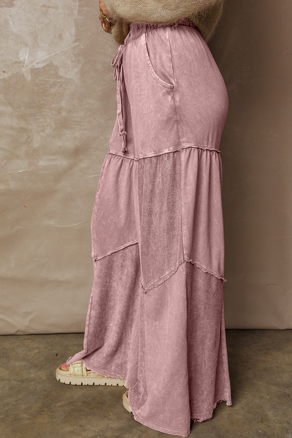 Vineyard Green Mineral Wash Tiered Wide Leg Patchwork Drawstring Pants