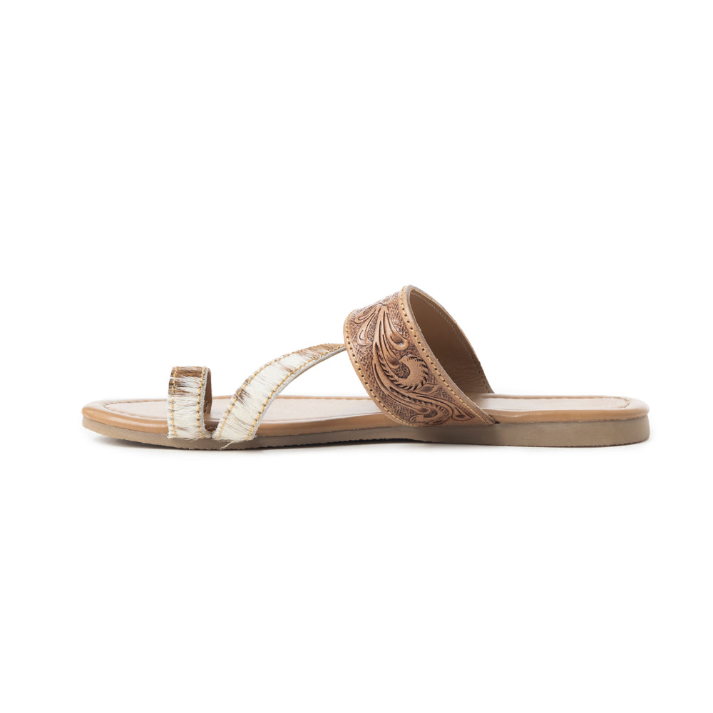 Myra LaDonna Trail Floral Handtooled Sandals for Women â€“ Beige Western Hairon Slip-Ons for Ranch Days & Rodeo Nights