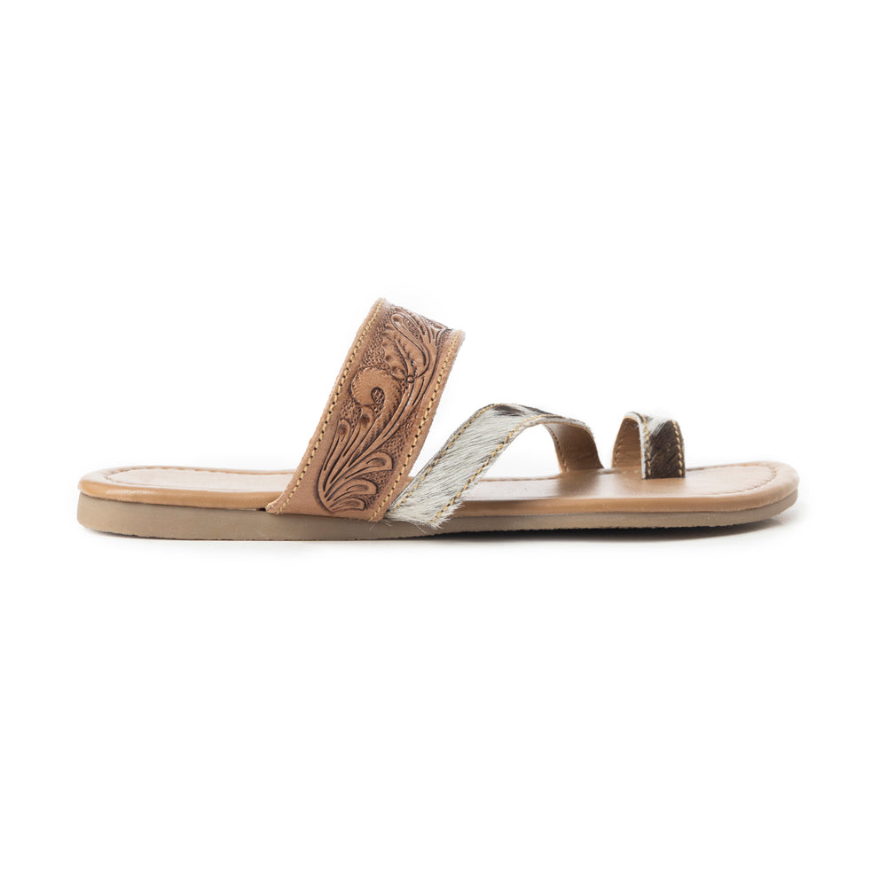 Myra LaDonna Trail Handtooled Sandals for Women â€“ Dark Brown Western Hairon Slip-Ons for Ranch Days & Rodeo Nights
