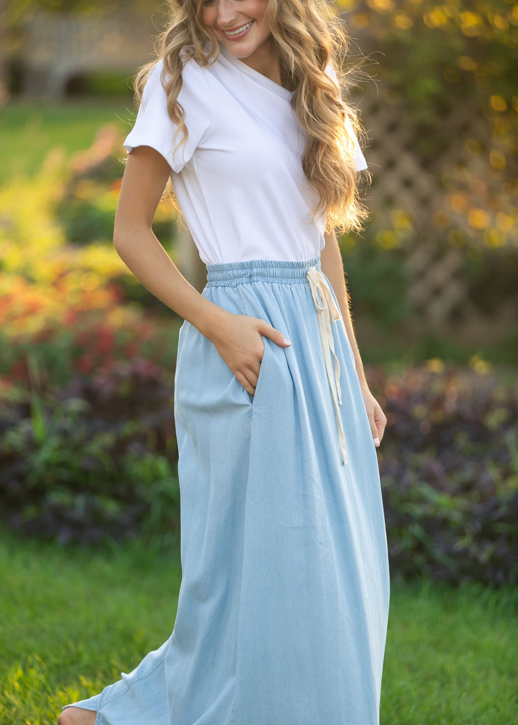 Cleo Chambray Tie Maxi Skirt/ Bottoms